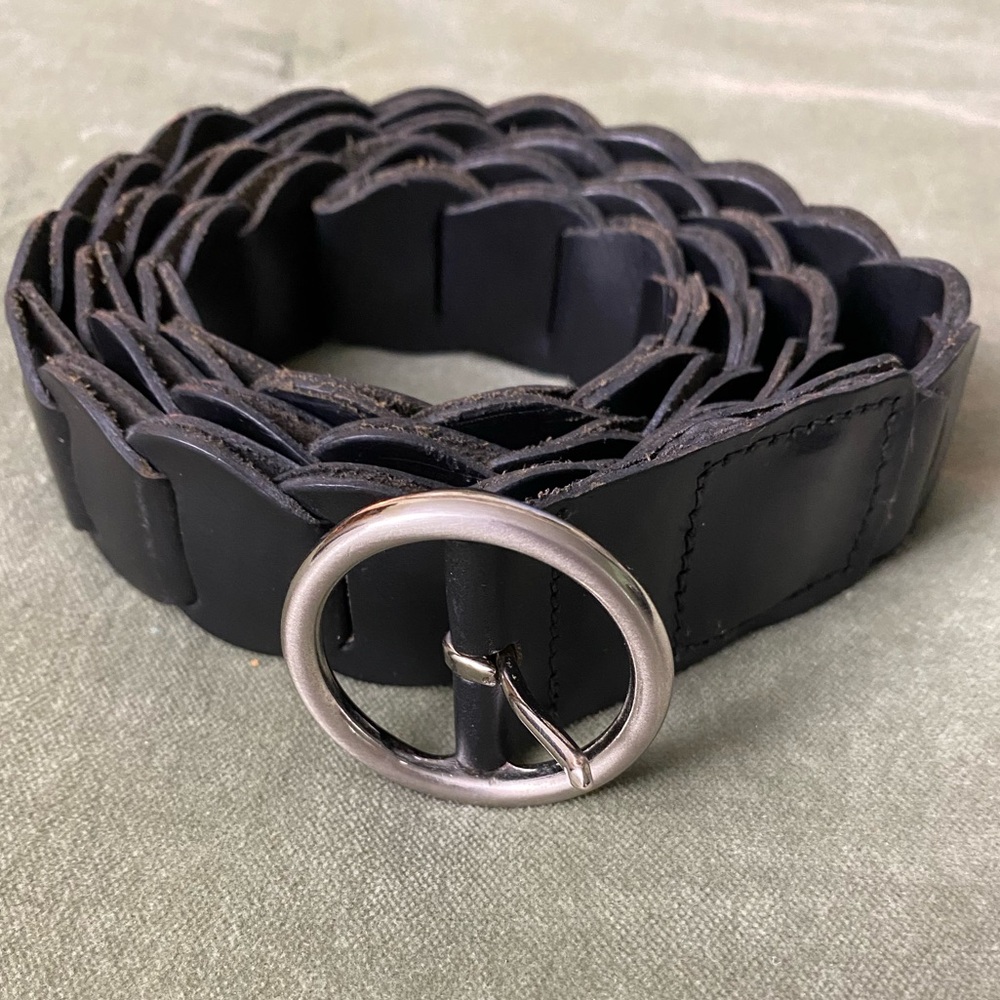 Black Braided Leather Belt with Silver Round Buckle